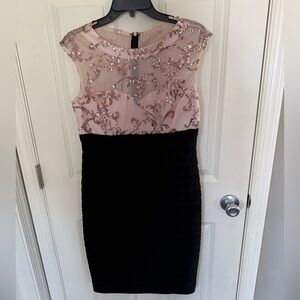 Sleeveless Pink Sequin Bodice Black Pencil Dress